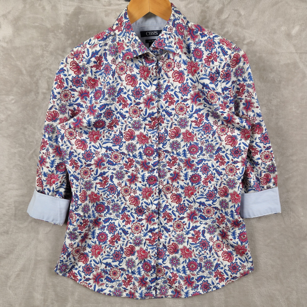 Chaps Floral Button-Down Shirt in White, Red, and Blue